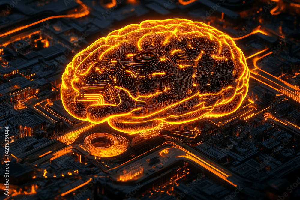 Poster glowing brain on a circuit board artificial intelligence concept