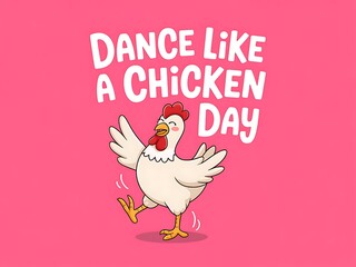 A joyful chicken celebrates Dance Like a Chicken Day with a happy, energetic dance on a vibrant pink background.