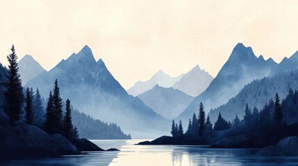 Blue mountain range reflected in still, calm water with tall pine trees. Use as background or overlay to convey tranquility and natural beauty.