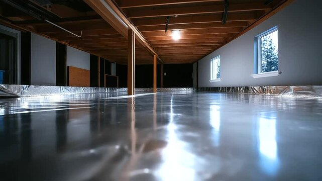 A modern residential crawl space with neatly installed reflective insulation blankets. The silver-coated material enhances energy efficiency, with dimple board ensuring air circula