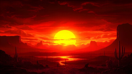 Fiery sunset over a desert landscape, featuring dramatic red sky, silhouetted cacti, and mesas.  Perfect for backgrounds or thematic designs.