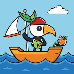 Pirate Toucan Sailing Tiny Paper Boat on a Juice Sea