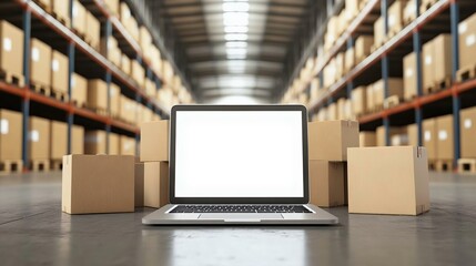 A modern laptop displayed in a warehouse setting, surrounded by cardboard boxes, symbolizing logistics and e-commerce solutions.