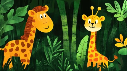 Naklejka premium Two Adorable Giraffes in Lush Green Jungle Habitat Illustration