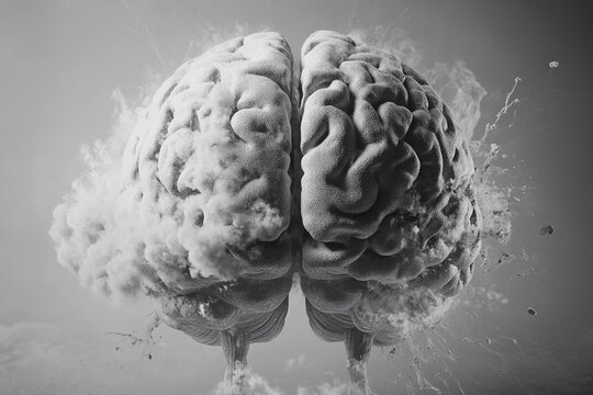Exploding brain anatomical model mind power thought mental health grey scale