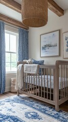 A serene nursery featuring a wooden crib, blue curtains, and cozy decor, ideal for a tranquil baby room atmosphere.