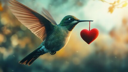 Obraz premium A vibrant hummingbird carrying a red heart pendant while hovering in a softly lit background, symbolizing love and nature's beauty.