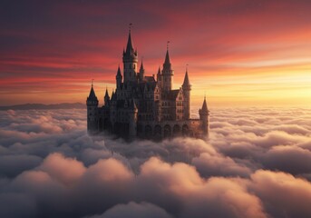 Ephemeral Kingdom: Majestic Castle Floating Amidst a Sea of Clouds at Sunset