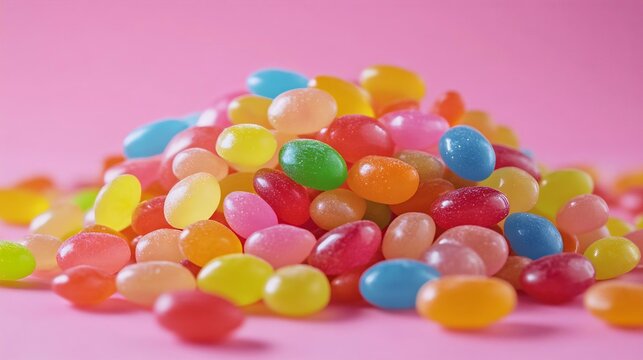 Colorful jelly beans scattered on a pink background, perfect for sweet treats, candy lovers, or colorful decorations.