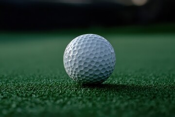 Obraz premium White dimpled golf ball sits on bright green artificial turf, close up. Use for golfing content, sports articles, or equipment advertisements.