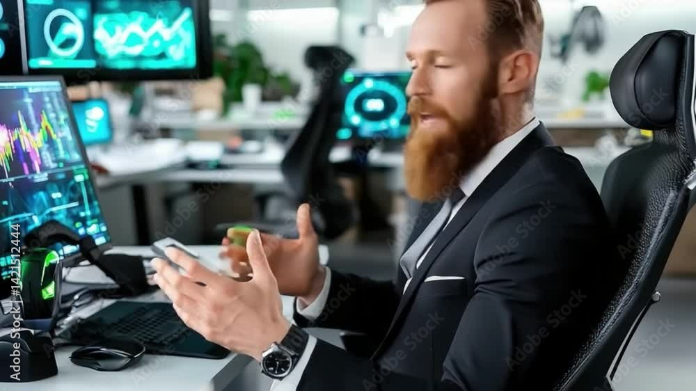 Wall mural beard - a bearded tech professional working in a futuristic office, analyzing ai-driven data.