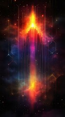 Fototapeta premium Vibrant cosmic artwork featuring radiant colors and geometric patterns, depicting a mystical pyramid in space. Ideal for sci-fi themes.