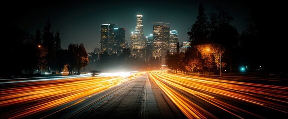 City lights streak across highway at night