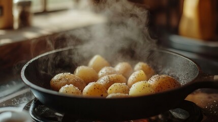 Steaming potatoes seasoned with pepper in a cast-iron skillet, creating a warm and inviting kitchen atmosphere.