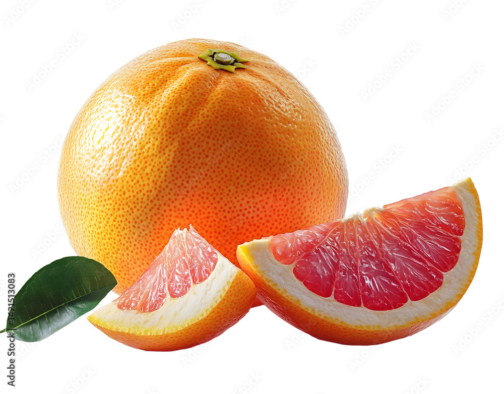 Poster grapefruit isolated. pink grapefruit with leaf. whole grapefruit with slice on white. grapefruit sli