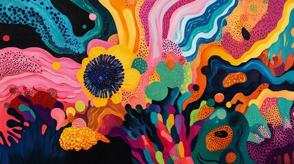 Vibrant abstract painting with colorful shapes and flowers, showcasing a dynamic interplay of colors and patterns that evoke creativity and joy.