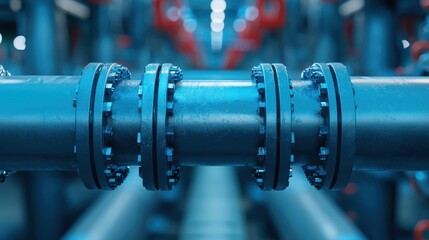 Fototapeta premium Industrial Pipe Connection with Flanges in Modern Factory, Showing Metallic Surface and Engineering Design