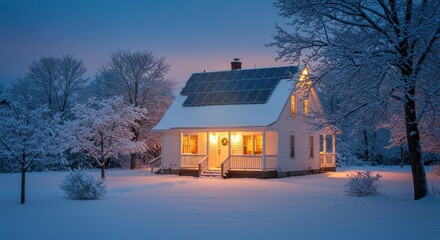 Cozy winter home with solar panels glowing warmly in the evening light surrounded by a serene snowy landscape