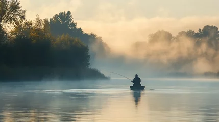 Fleecedeken met foto Fisherman on foggy river at sunrise, tranquil nature © NailulMuna