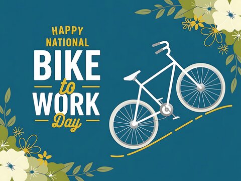 Happy National Bike to Work Day! A cheerful white bicycle ascends a gentle hill, framed by blooming flowers and lush greenery on a teal background. - Powered by Adobe