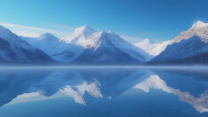 Majestic Snow-Covered Mountain Peaks Beneath a Crystal Clear Blue Sky Reflected in a Serene, Glassy Lake – Breathtaking Realistic Nature Photography Landscape for Ultra HD Desktop Wallpaper
