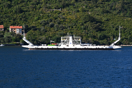 Verige Straits, Kotor Bay, Adriatic Sea, Montnegro, Balkans, Europe : narrowest part of the Kotor Bay, Trideseti Avgust Passenger Cargo Ship between Lepetane and Kamenari