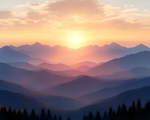 Obraz premium Serene sunrise over majestic mountain range, layers of hills bathed in warm, soft light. Peaceful landscape photograph.