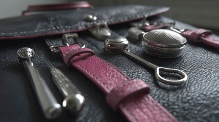 Dental Instruments Close-up on Textured Surface with Pink Straps