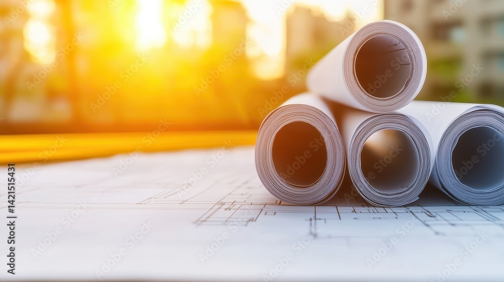 Poster architectural blueprints on table with sunset glow creating a warm atmosphere for design and constru