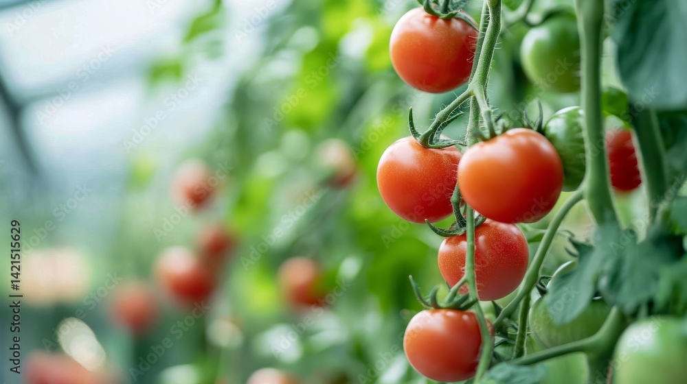 Poster advanced farm robot harvesting ripe tomatoes in a greenhouse, using precision arms and ai sensors to