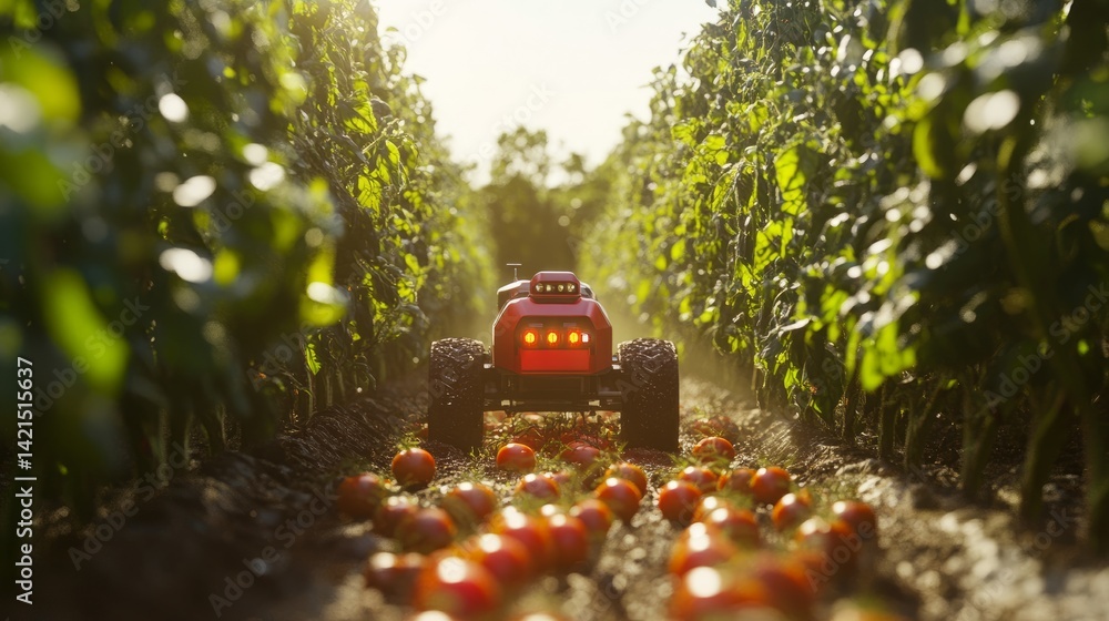 Poster ai-driven farming robot maneuvering through tomato rows, equipped with sensors and soft-touch grippe