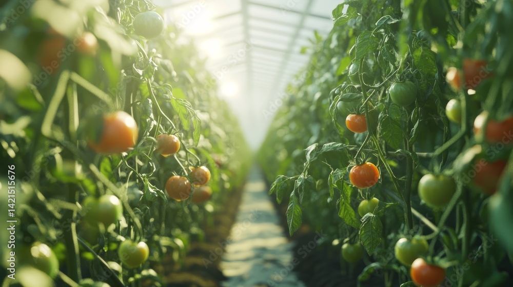 Poster ai-driven farming robot maneuvering through tomato rows, equipped with sensors and soft-touch grippe