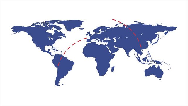 World map of airline airplane flight path. Travel around the world plane route. Motion Animation. Video available in 4K FullHD and HD render footage