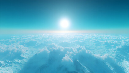 Fototapeta premium Serene aerial view of snow-capped mountains peeking through a vast expanse of fluffy clouds under a bright, clear sky. A breathtaking, peaceful landscape perfect for travel or nature themes.