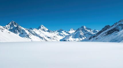 Obraz premium Snowy Mountain Landscape Under Clear Blue Sky with Majestic Peaks and Expansive White Snow Field