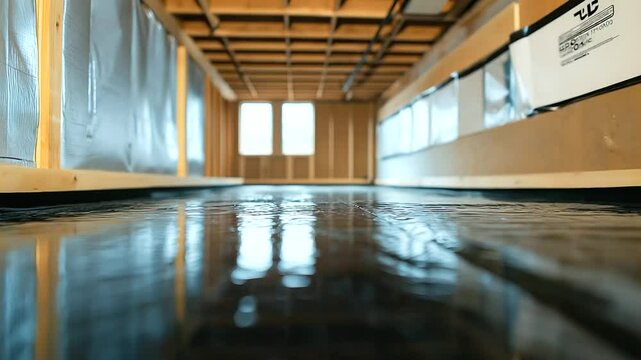 A close-up of a crawl space upgrade with reflective insulation blankets covering the ceiling and walls. The dimple board flooring ensures proper drainage and moisture resistance.