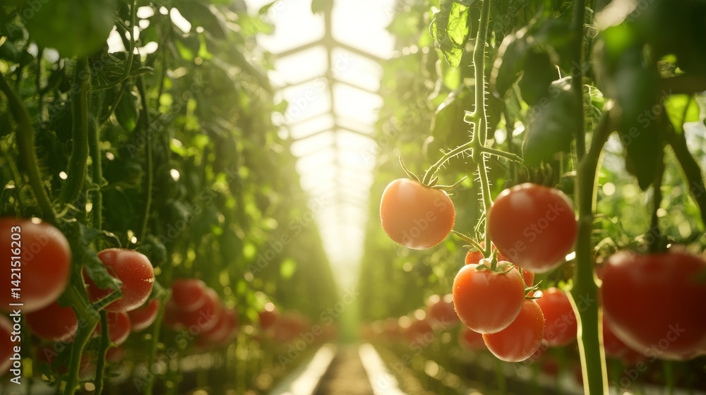 Poster machine vision-enabled robot selecting and picking tomatoes in a tech-enhanced greenhouse, showing p