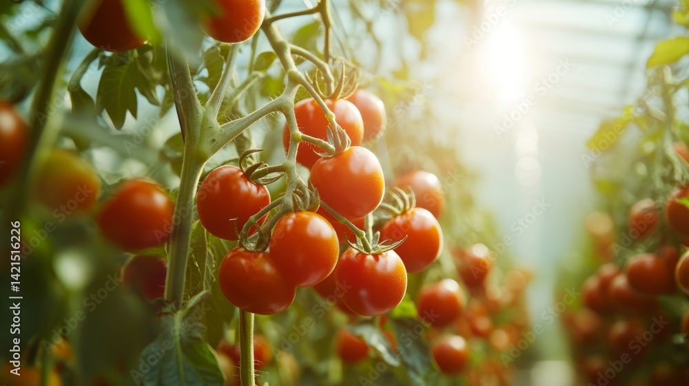 Poster machine vision-enabled robot selecting and picking tomatoes in a tech-enhanced greenhouse, showing p