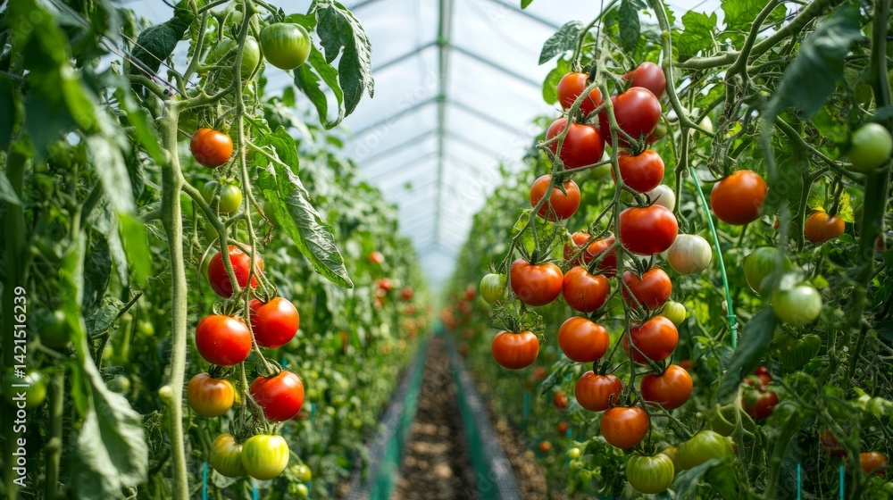 Poster machine vision-enabled robot selecting and picking tomatoes in a tech-enhanced greenhouse, showing p