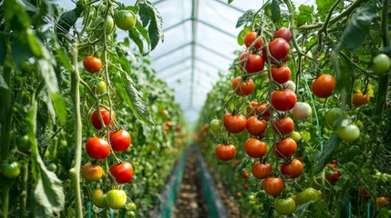 Machine vision-enabled robot selecting and picking tomatoes in a tech-enhanced greenhouse, showing precision farming