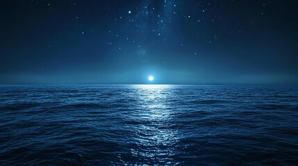 Serene night ocean scene with full moon and starry sky peaceful tranquil blue water sea dark calm