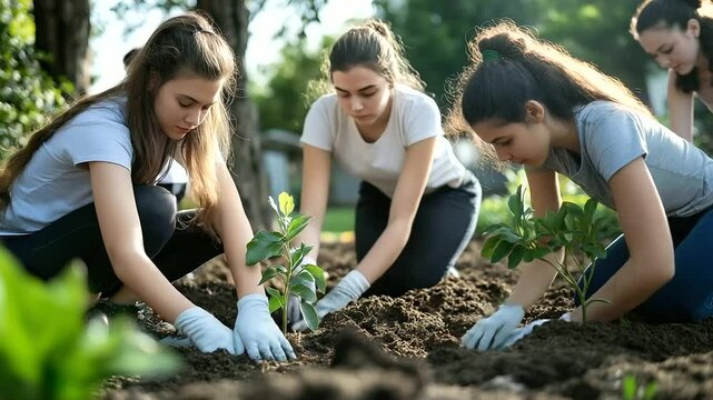 Teen girls work together in a community garden, their hands covered in soil as they plant young trees and flowers. The sun shines brightly, enhancing the atmosphere of unity and ca
