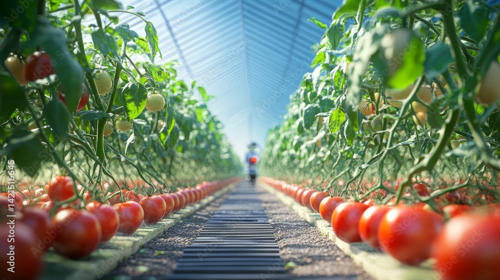 Aufkleber tomato-picking robot moving through neat rows of plants in a modern greenhouse, guided by ai and mac