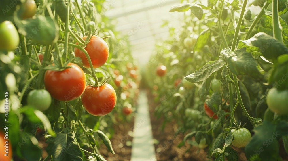 Poster tomato-picking robot moving through neat rows of plants in a modern greenhouse, guided by ai and mac