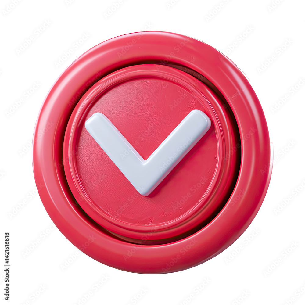 Poster 3d render of a red circular button with a white down arrow.check mark icon.