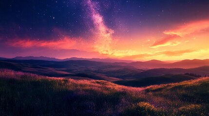 Fototapeta premium Majestic sunset landscape with rolling hills and starry sky vibrant colors nature scenery red pink