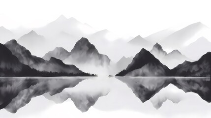 墨絵の山岳風景 湖面に映る山々の姿 モノクロの自然美 静寂と調和 アジアの伝統芸術