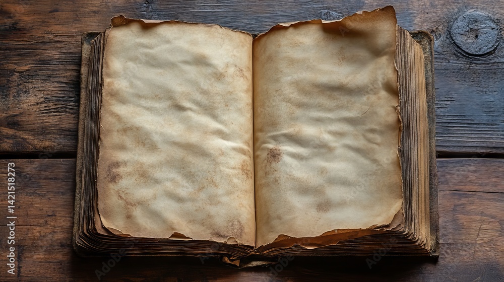 Poster open aged book with textured pages on rustic wooden surface for design mockups