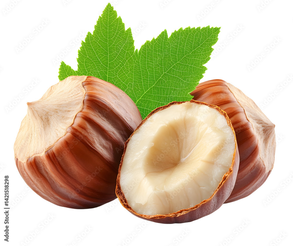 Poster hazelnut isolated png. peeled and unpeeled hazelnut with leaf on transparent background. perfect ret