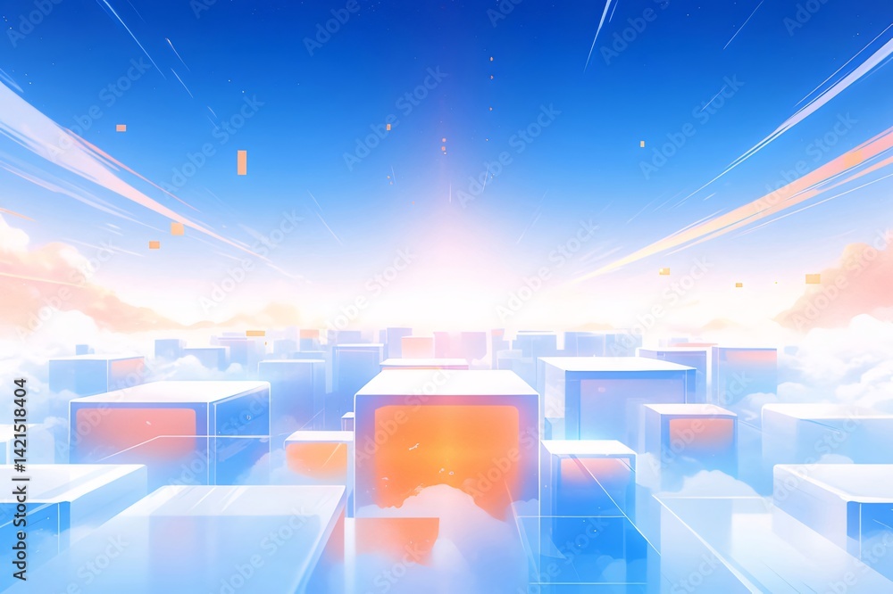 Aufkleber 鮮やかな青色の空に浮かぶ白い立方体群とオレンジ色の光景 未来的なデジタルデザイン背景